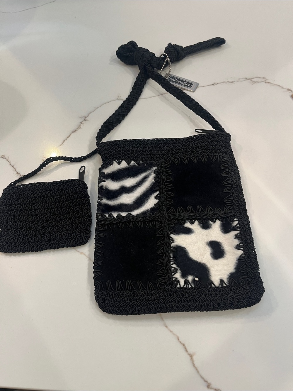 Black Patchwork Crossbody Bag with Zebra & Cow Print Accents & coin bag